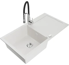 Mexen Leo, granitový drez 900x500x190 mm, 1-komorový a drezová batéria Aster, biela, 6501-20-73450-07