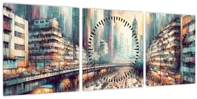 Obraz - Život veľkomesta (s hodinami) (90x30 cm)
