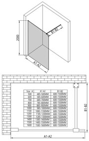 Erga Paris, sprchová zástena Walk-In 90x200 cm s poličkou a vešiakom na uteráky, 8mm číre sklo, čierny profil, ERG-V02-PARIS-090x200-CL-BK-BAR