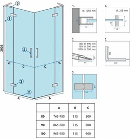 Rea Hugo, sprchová kabína s 2-krídlovými dverami 80 (dvere) x 80 (dvere) x 200 cm, 6mm číre sklo, zlatý matný profil, REA-K6608