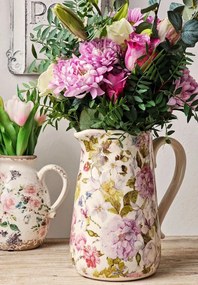Béžový keramický dekoračný džbán s kvetmi Lovely Flowers - 20*14*23 cm