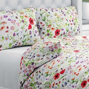 Biante Bavlnené posteľné obliečky Sandra SA-608 Červeno-fialové lúčne kvety s motýlikmi a čmeliakmi na bielom Predĺžené 140x220 a 70x90 cm
