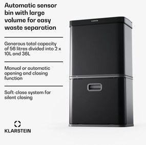 Klarstein Touchless, senzorový odpadkový kôš, 56 l, z nehrdzavejúcej ocele, 3 koše, Soft-Close zatváranie, napájaný batériou, LED displej, časovač