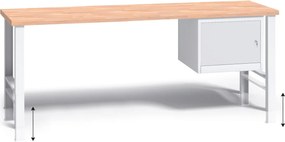 Výškovo nastaviteľný pracovný stôl do dielne G3 so závesnou skrinkou na náradie, buková škárovka, 2000 x 685 x 840 - 1050 mm, sivá