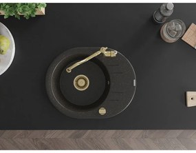Mexen Kevin, drez granitový 586x458x190 mm, 1-komorový a drezová batéria Carla, čierna-zlatá metalíza, 6517-75-670700-50