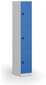 Šatníková skrinka s úložnými boxmi, 3 boxy, 1850 x 300 x 500 mm, zámok s čítačkou RFID kariet, modré dvere