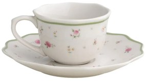 Súprava 2 bielych porcelánových šálok s tanierikmi Brandani Nonna Rosa, 90 ml