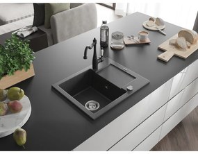 Mexen Enzo, granitový drez 576x465x174 mm, 1-komorový a drezová batéria Carla, čierna škvrnitá, 6506-76-670700-70