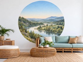 Meandrujúca rieka medzi lesnatými kopcami ranná kruhová akvarelová dekorácia s riečnym údolím na stenu do obývačky arch 46 x 46 cm