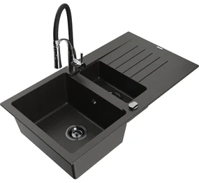 Mexen Matias, granitový drez 900x505x200 mm, 1,5-komorový a drezová batéria Aster, čierna-zlatá metalíza, 6502-75-73450-07-B
