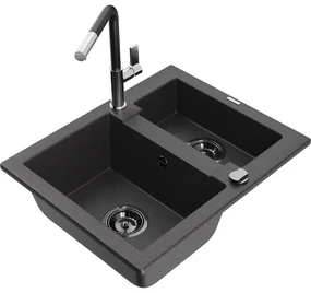 Mexen Carlos, 1,5-komorový granitový drez 582x475x177 mm a drezová batéria Flora, čierna škvrnitá, 6518-76-670401-07-B