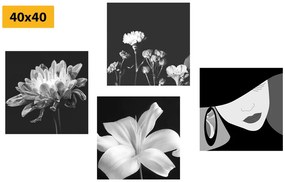Set obrazov elegancia ženy a kvetov v čiernobielom prevedení Varianta: 4x 60x60
