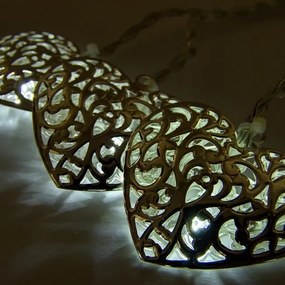 DECOLED LED světelný řetěz na baterie, kovová srdce styl vintage, ledově bílá, 10 diod, 2,5 m