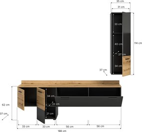 Obývacia stena s osvetlením Goul, tmavo šedá/dub evoke