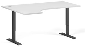 Rohový výškovo nastaviteľný stôl, 160x120 cm, 2 motory, L/P, čierna podnož, biela