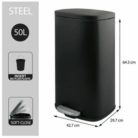 Spirella Akira 50 l odpadkový kôš s pedálom atichým zatváraním, matná čierna, 50 l