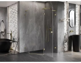 Mexen Lunar, L pravý výklopný päťuholníkový sprchový kút 100 x 90 cm, 8mm číre sklo, zlatý matný profil, 831L-100P-090L-55-00-P