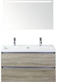 Kúpeľňový nábytkový set Vogue 100 cm s keramickým umývadlom 2 otvormi na kohúty a zrkadlom s LED osvetlením dub sivý