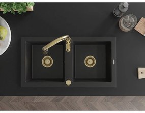 Mexen Mario, 2-komorový granitový drez 820x436x161 mm a drezová batéria Savita, čierna, 6504-77-672601-50