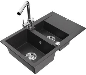 Mexen Gaspar, granitový drez 737x475x177 mm, 1,5-komorový, chrómová batéria Duero, čierna škvrnitá, 6507-76-671600-00