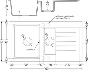 Mexen Matias - drez granitový 90,0x50,5cm, 1,5-komorový, šedá, 6502901505-71