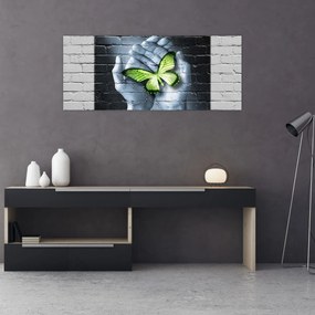 Obraz - Zelený motýľ v stene (120x50 cm)