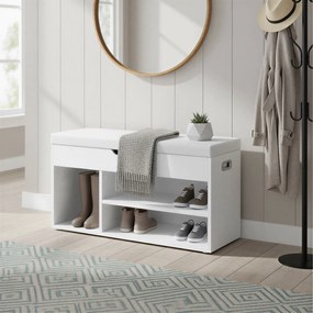 Úložná lavička s vankúšom, čalúnené sedenie na topánky, 30 x 80 x 44 cm, biela