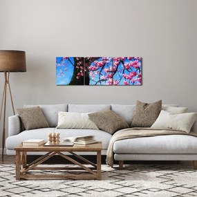Obraz maľované rozkvitnuté čerešne (s hodinami) (90x30 cm)