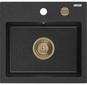 Mexen Milo, granitový drez 435x410x171 mm, 1-komorový, čierna-strieborná metalíza so zlatým sifónom, 6505441000-73-G