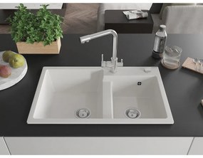 Mexen Tomas, granitový drez 800x500x190 mm, 2-komorový a chrómová batéria Duero, biela, 6516-20-671600-00