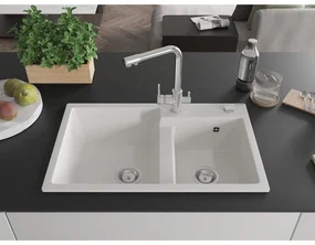 Mexen Tomas, granitový drez 800x500x190 mm, 2-komorový a chrómová batéria Duero, biela, 6516-20-671600-00