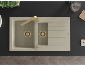 Mexen Matias, granitový drez 900x505x200 mm, 1,5-komorový a zlatá batéria Rita, béžová, 6502-69-670300-50
