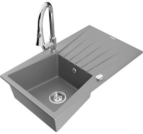 Mexen Cesar, 1-komorový granitový drez 775x470x190 mm a drezová batéria Elia, šedá, 6514-71-670101-00