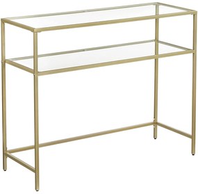 Moderný sklenený stolík, konzolový stolík s oceľovým rámom, zlatá farba