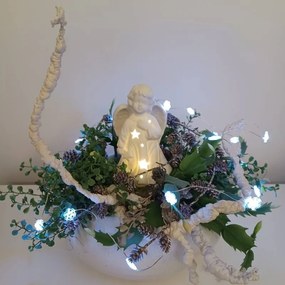 DECOLED Keramický anjel s hviezdou v ruke, 9,3 x 7,6 x 14,9 cm, teplá biela, 3xLR44