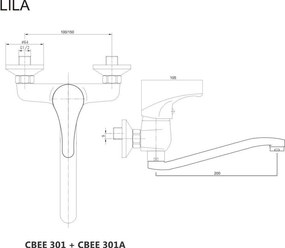 Mereo, Mereo Drezová nástenná batéria, Lila, 150 mm, s ramienkom plochým vyhnutým 200 mm, chróm, MER-CBEE301