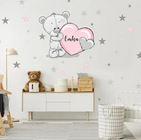 Nálepka - pudrový medveď s hviezdami a menom, personalizovaná samolepka