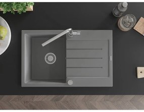 Mexen Bruno, 1-komorový granitový drez 795x495x200 mm a drezová batéria Flora, šedá, 6513-71-670401-00