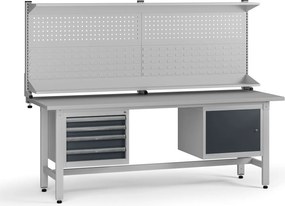 Výškovo nastaviteľný dielenský stôl G5 s nadstavbou, 2100 x 750 x 800-1000 mm, 1x skrinka, 4 zásuvky, grafit