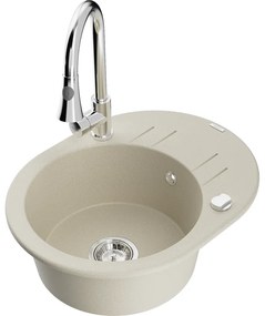 Mexen Kevin, 1-komorový granitový drez 586x458x190 mm a drezová batéria Elia, béžová, 6517-69-670101-00