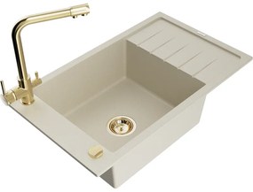 Mexen Elias, 1-komorový granitový drez s odkvapkávačom 795x480x200 mm a zlatá batéria Duero, béžová, 6511-69-671600-50