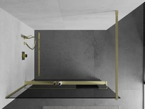 Mexen Kioto+, sprchová zástena Walk-In s poličkou a vešiakom 90 x 200 cm, 8mm šedé sklo, zlatý matný profil, 800-090-121-55-40