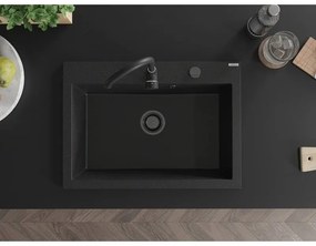 Mexen Elix, 1-korový granitový drez 700 x 500 mm, čierna/strieborná metalíza, čierny sifón, 6526701005-73-B