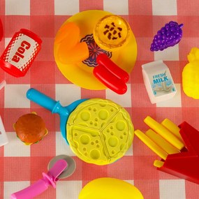 KIK Detský piknikový kôš s pizzou a hamburgerom – farebná plastová hračka s nálepkami 3+