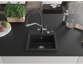 Mexen Milo, granitový drez 435x410x171 mm, 1-komorový a drezová batéria Duo, čierna-strieborná metalíza, 6505-73-671701-07