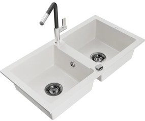 Mexen Mario, 2-komorový granitový drez 820x436x161 mm a drezová batéria Flora, biela, 6504-20-670401-07-B