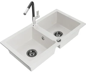 Mexen Mario, 2-komorový granitový drez 820x436x161 mm a drezová batéria Flora, biela, 6504-20-670401-07-B