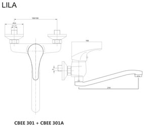 Mereo, Drezová nástenná baterie, Lila, s ramienkom plochým vyhnutým 210 mm, chróm, MER-CBEE301A