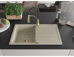 Mexen Bruno, 1-komorový granitový drez 795x495x200 mm a drezová batéria Aster, béžová, 6513-69-73450-57-G