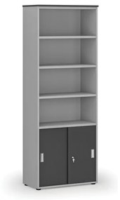 Kombinovaná kancelárska skriňa PRIMO GRAY, zasúvacie dvere na 2 poschodia, 2128 x 800 x 420 mm, sivá/grafit